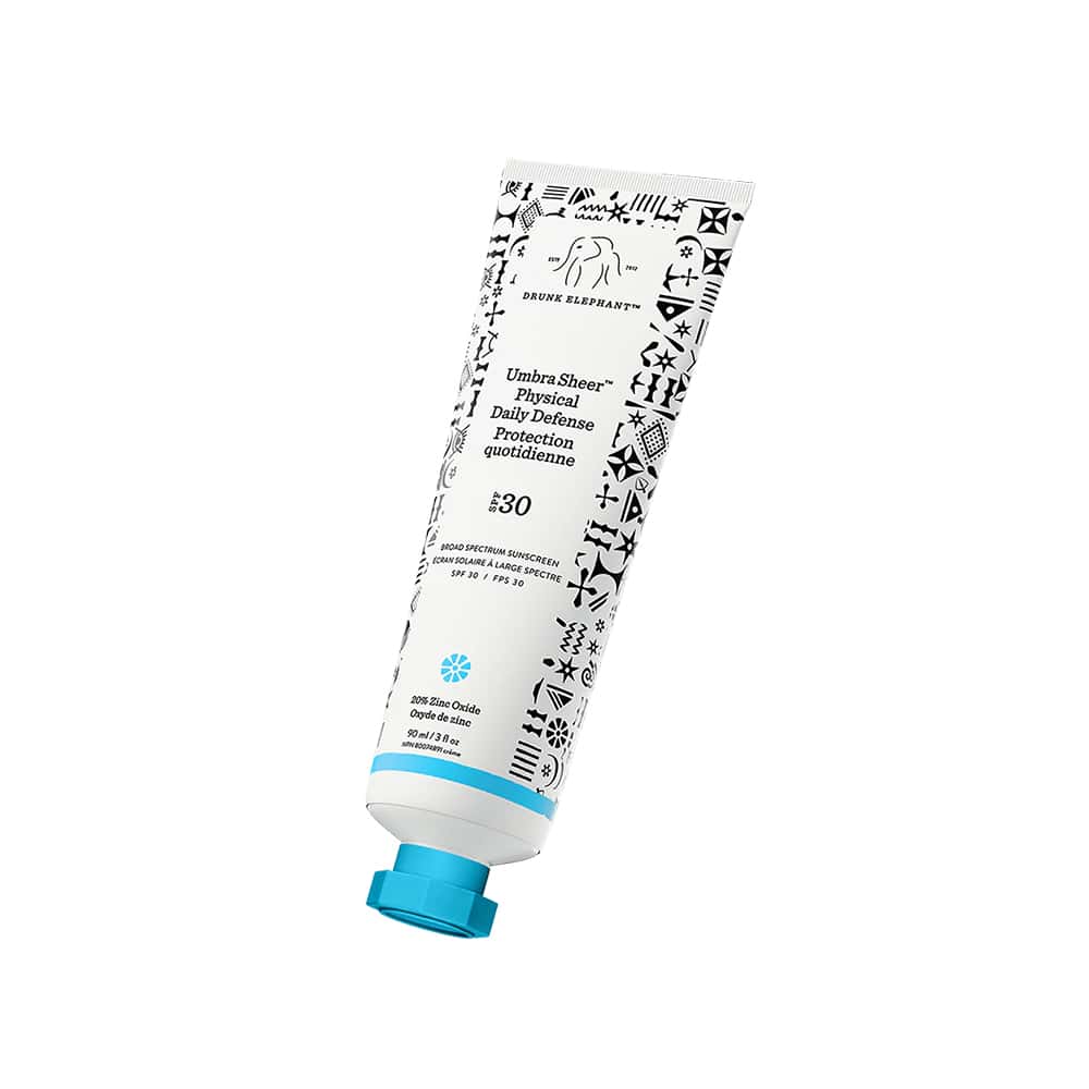 Drunk Elephant Umbra Sheer Physical Daily Defense SPF 30 in white and blue 90ml packaging
