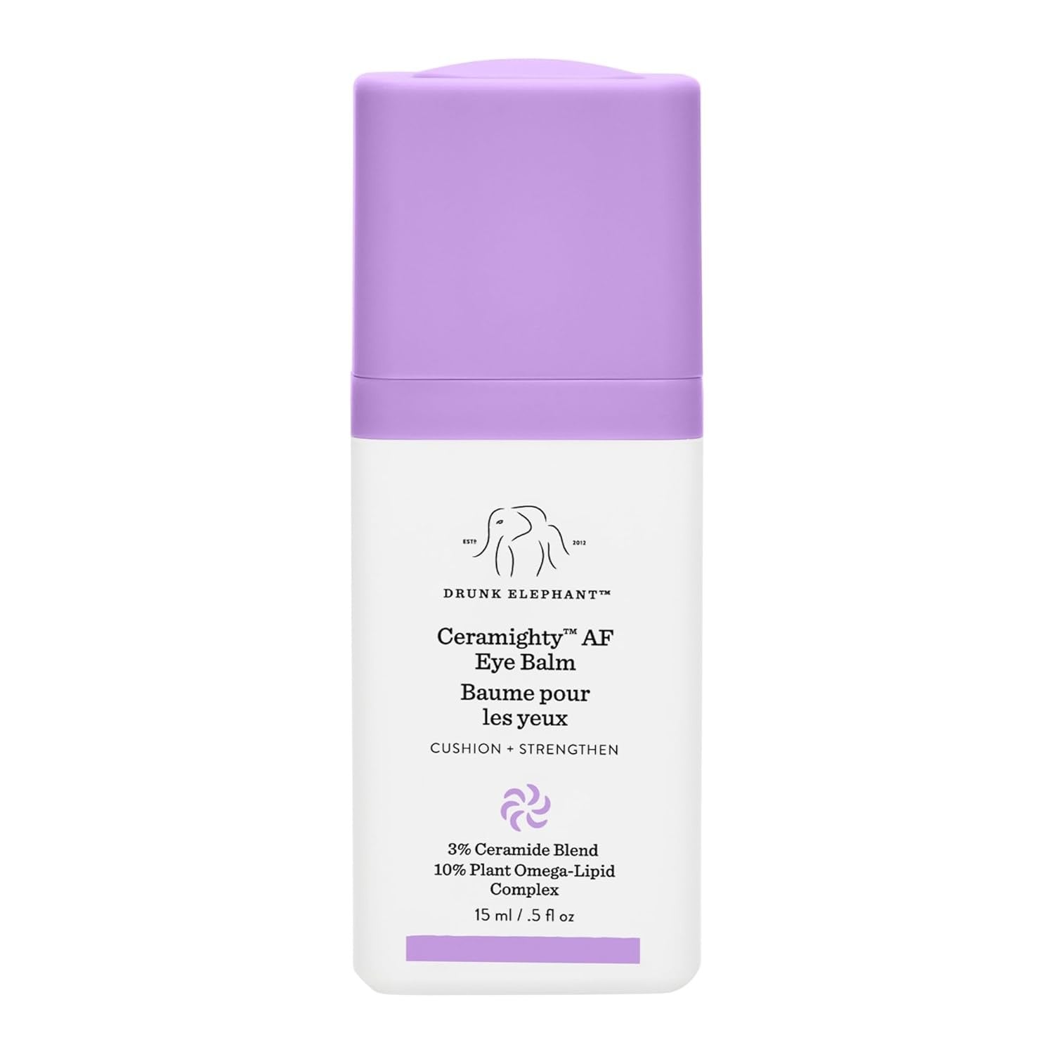 Drunk Elephant Ceramighty AF Eye Balm 15ml bottle in white and lavender packaging