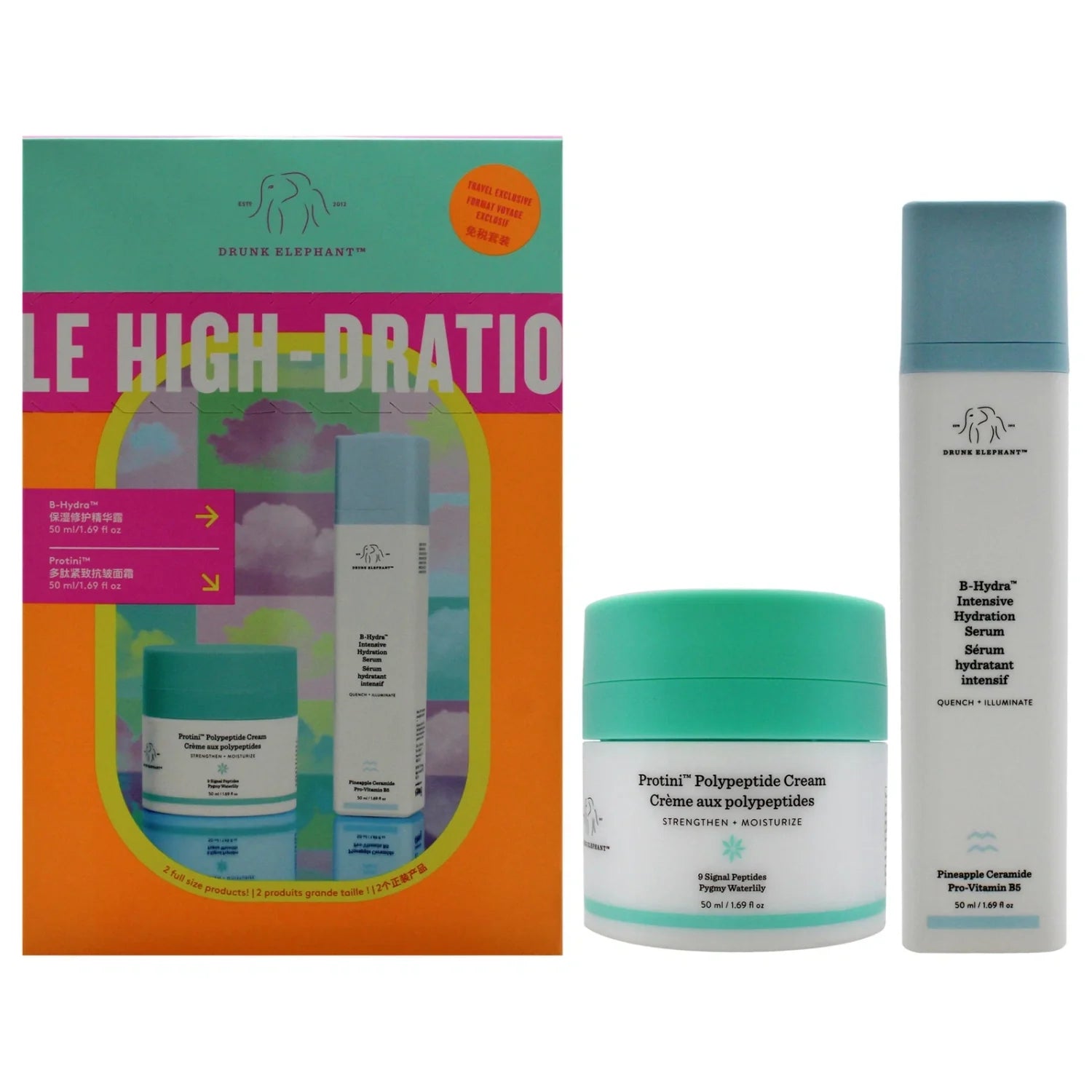 Drunk Elephant The Mile High-Dration Club set featuring Protini Cream and B-Hydra Serum bottles.