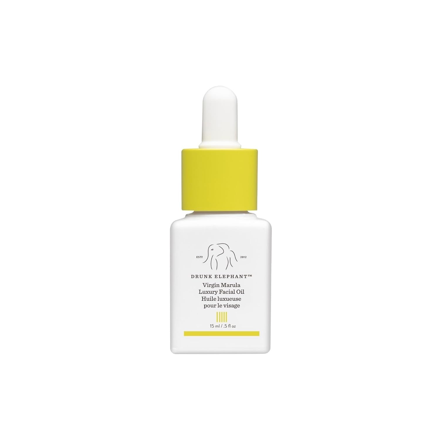 Drunk Elephant Virgin Marula Luxury Facial Oil 15mL bottle in white and yellow minimalist packaging.