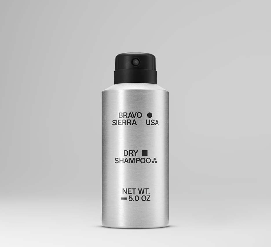 A 5.0 oz aluminum spray bottle of Bravo Sierra dry shampoo shown on a neutral background.