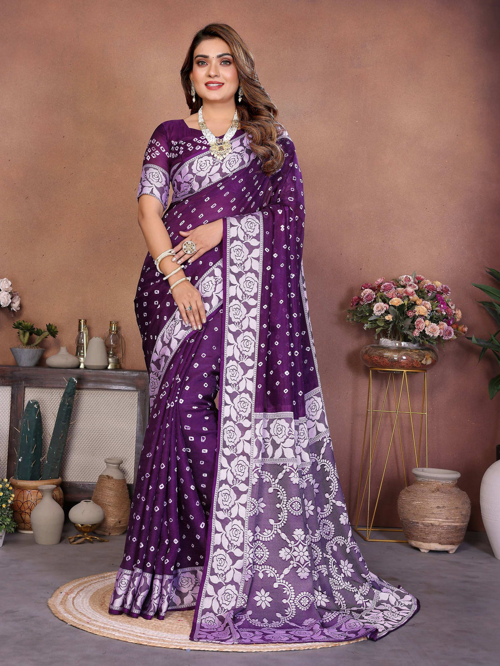 Aastha Fashion purple viscose silk handmade Bandhej saree
