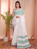 Elegant white linen cotton saree with matching blouse fabric