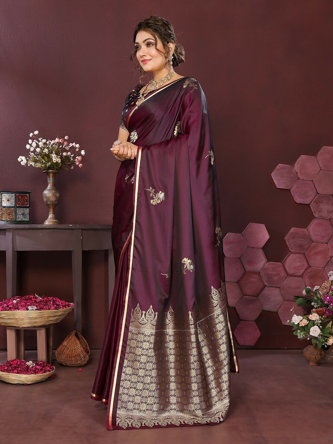 Wine Floral Banarasi Satin Silk Saree with Unstitched Blouse