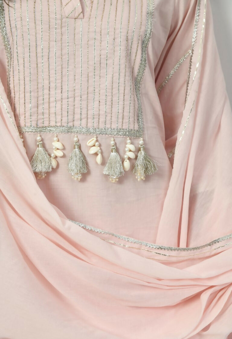 Cream Cotton Kurta Set with Organza Dupatta - 3 Piece Suit