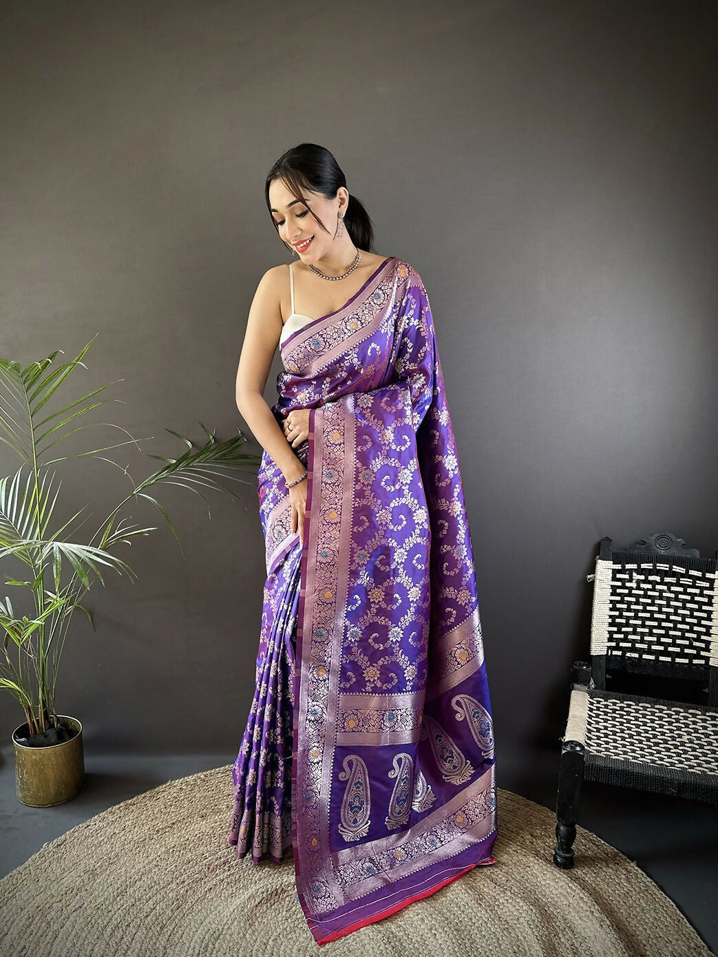 Royal purple Meenakari Banarasi soft silk saree with intricate patterns