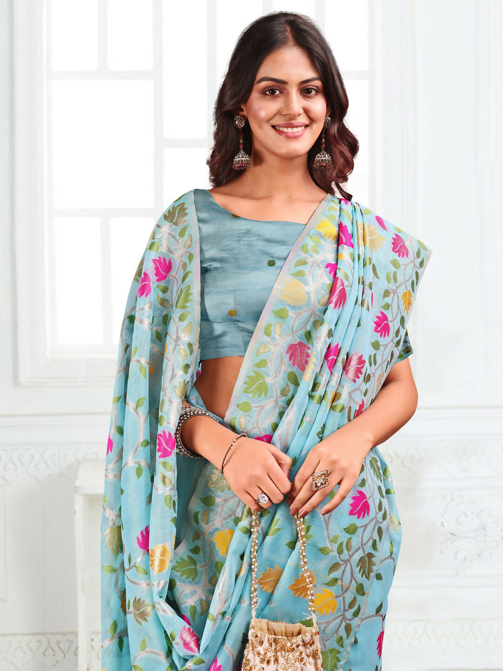 Sky Blue Linen Cotton Saree with Matching Blouse
