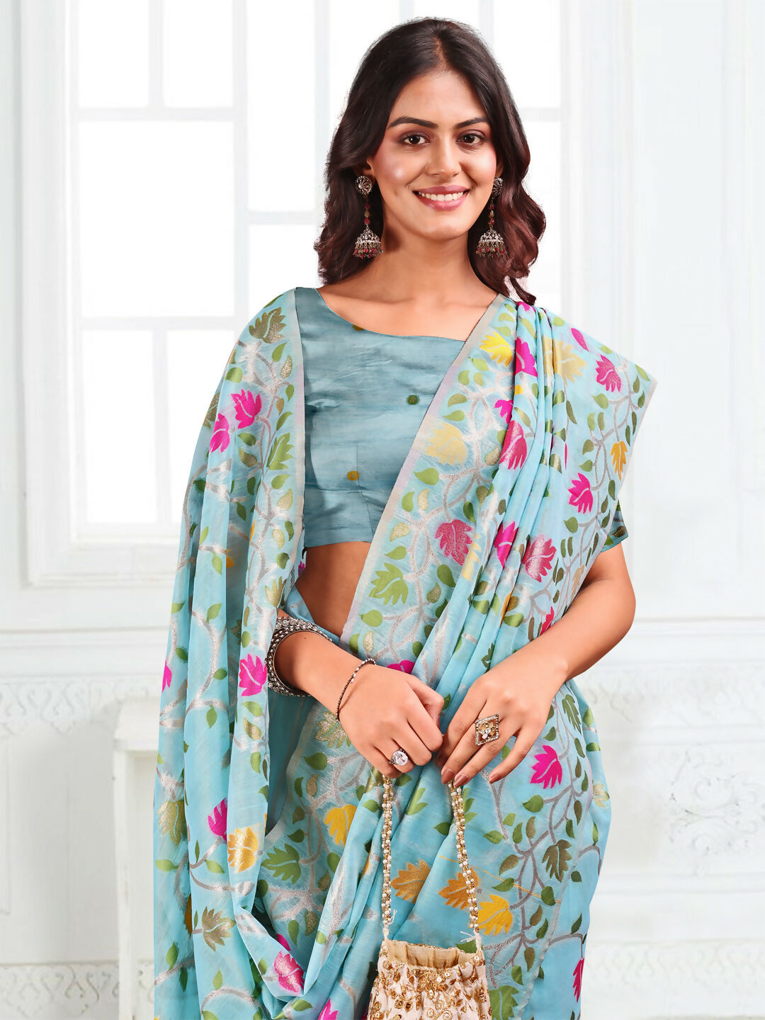 Sky Blue Linen Cotton Saree with Matching Blouse