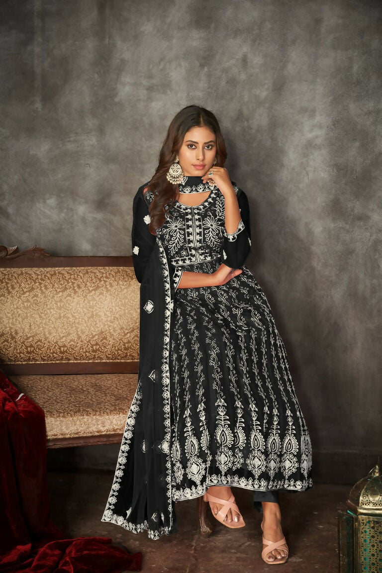Black Net Embroidered Anarkali Kurta Pant Set with Dupatta