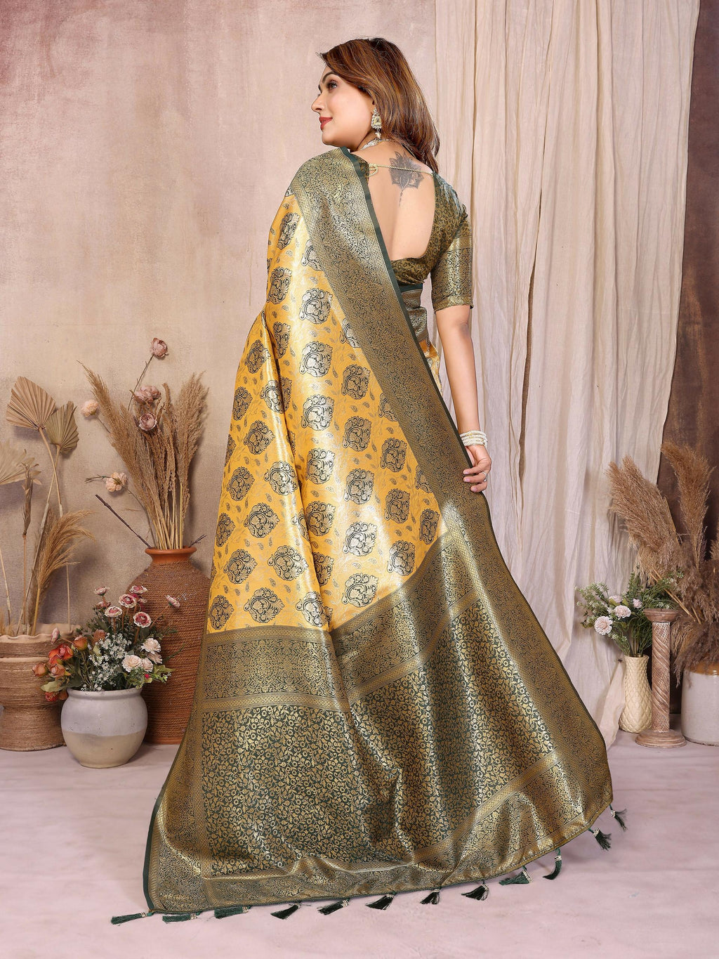 Mustard Banarasi Tissue Silk Saree with Traditional Weaving