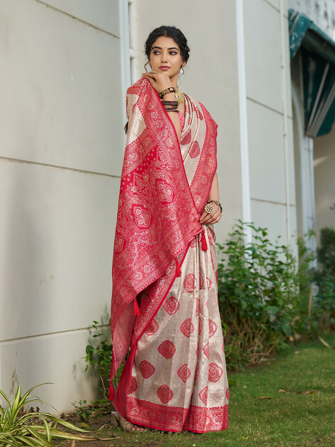 Cream and Red Silk Blend Saree with Matching Blouse