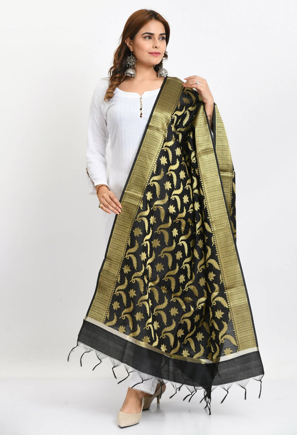 Black Banarasi Silk dupatta with intricate floral woven design