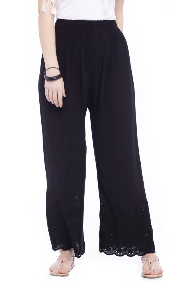 Black Rayon Cotton Chikan Embroidered Palazzo Pants