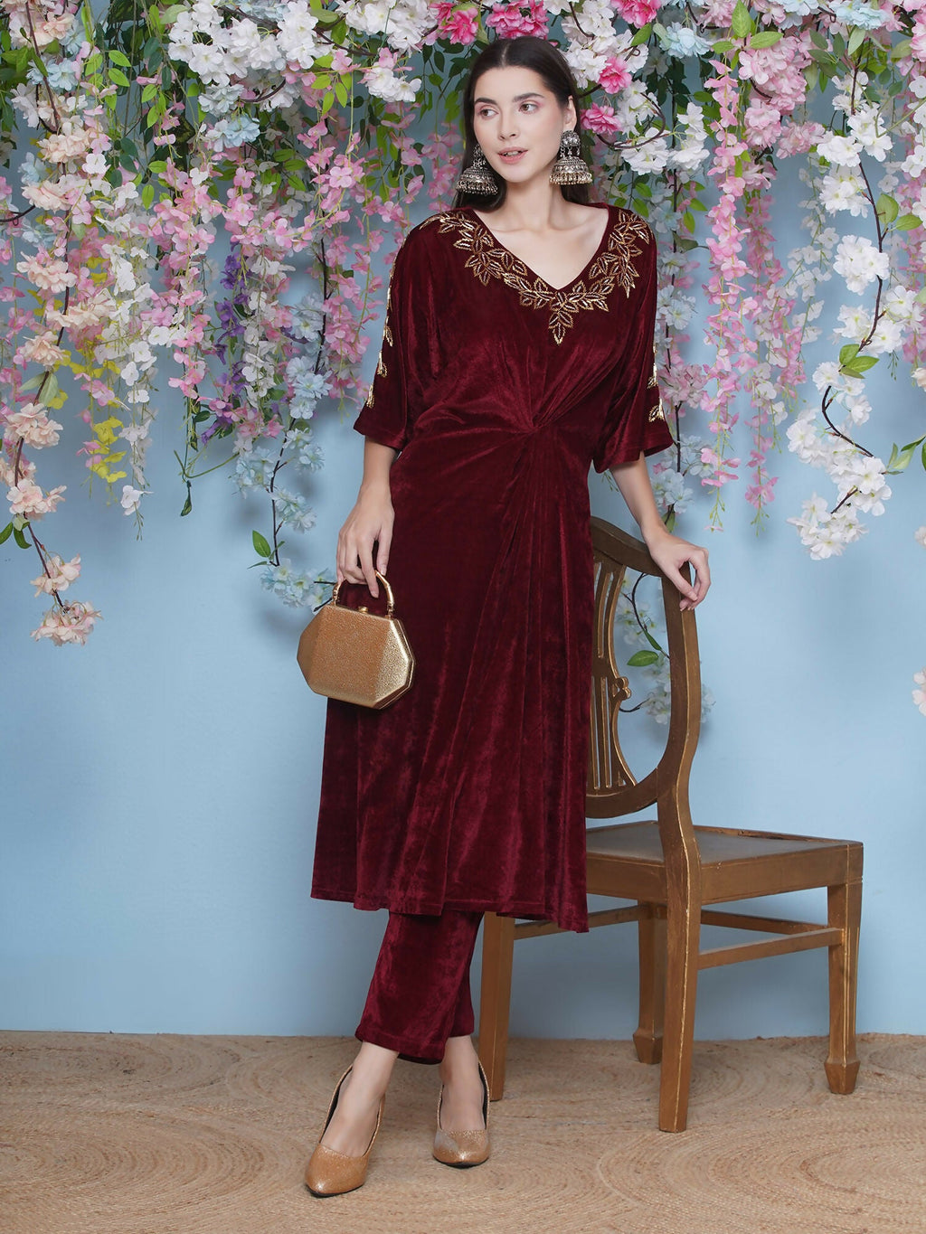 Maroon Velvet Hand Embellished Coord Set - 2 Piece Luxury Outfit