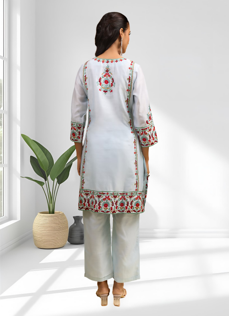 Sky Blue Silk Embroidered Long Kurta with Matching Pant Set