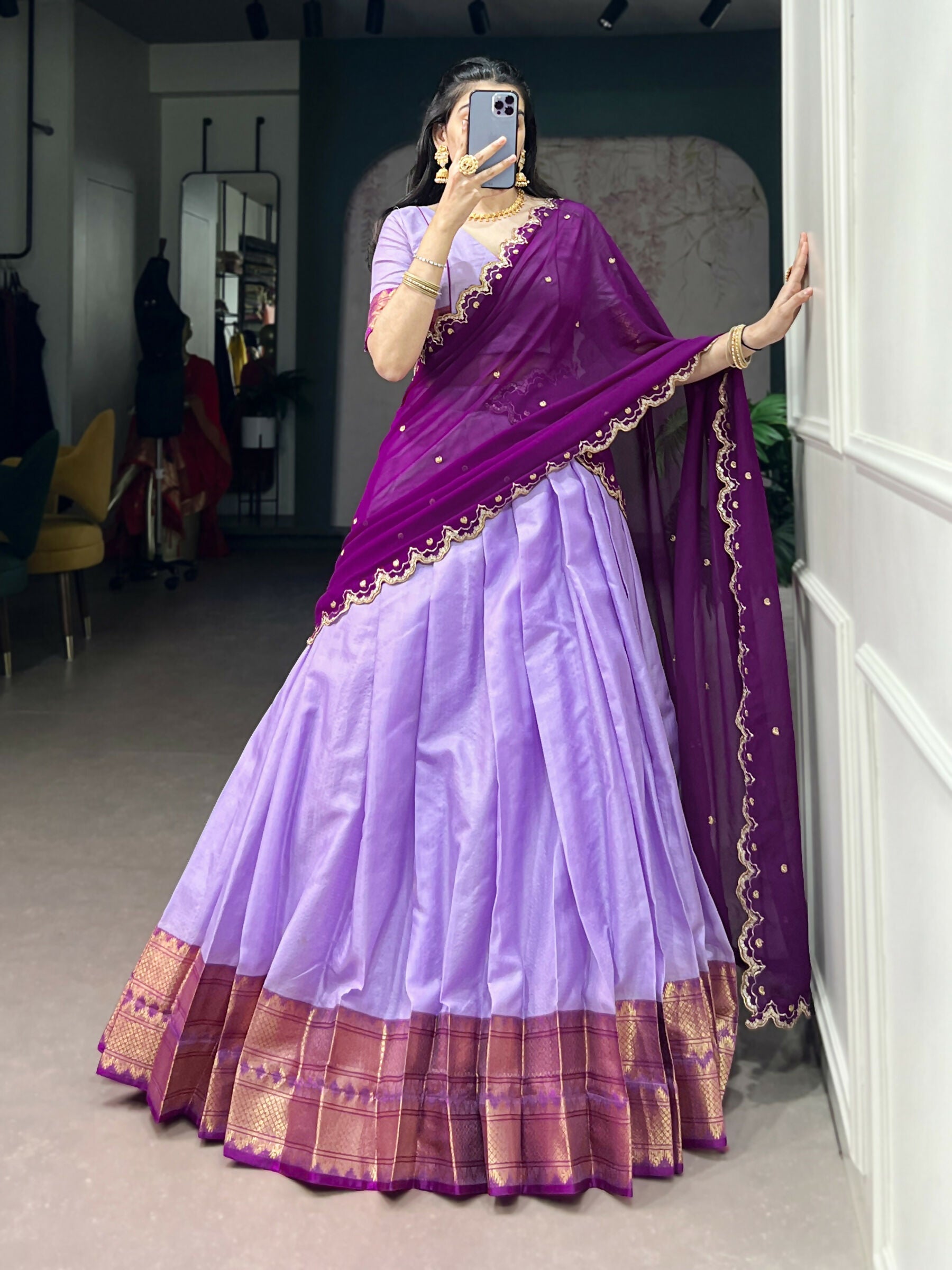 Lavender Cotton Silk Lehenga Choli with Zari Weaving and Dupatta