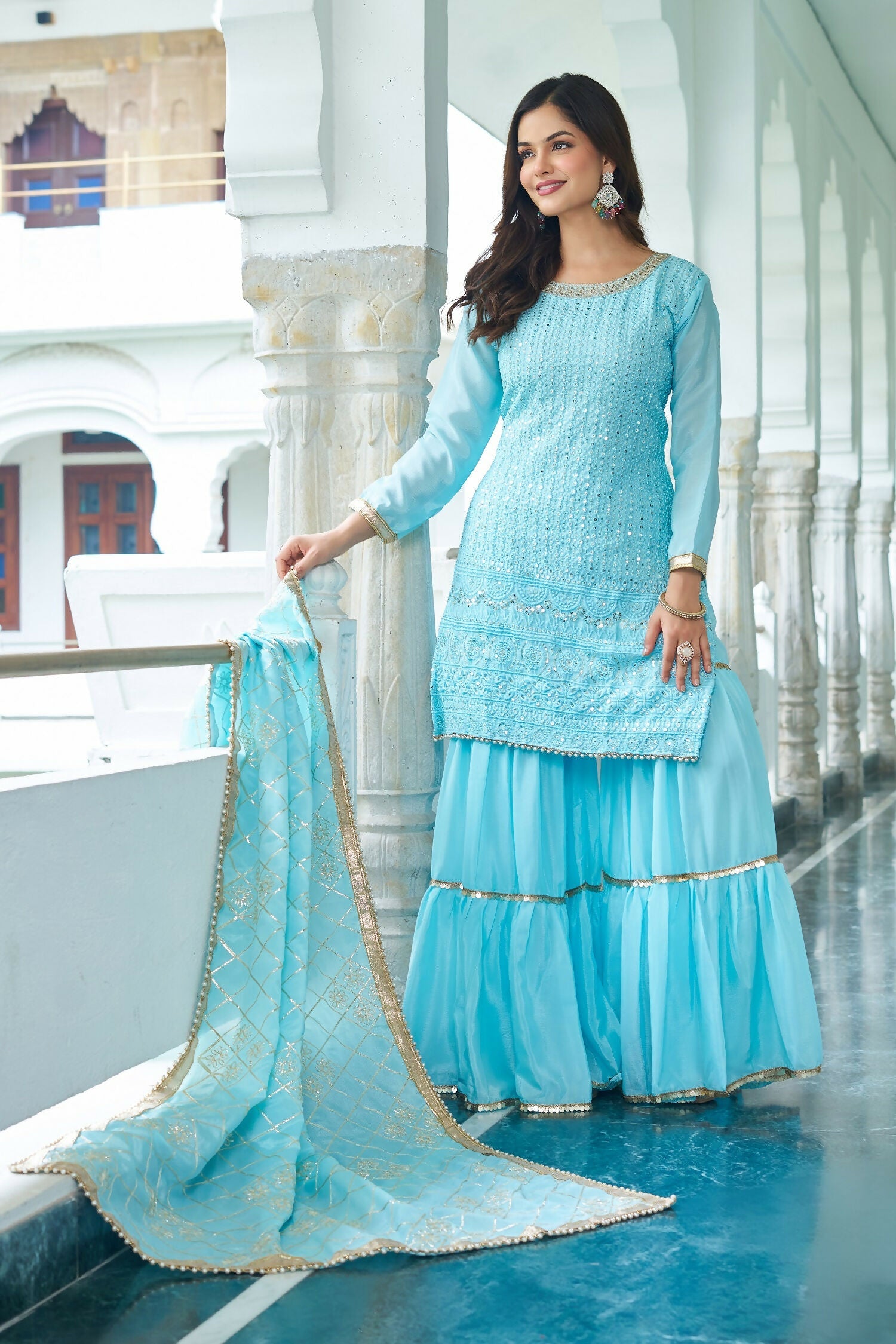 Sky Blue Chinon Silk Embroidered Sequence Work Kurta Set