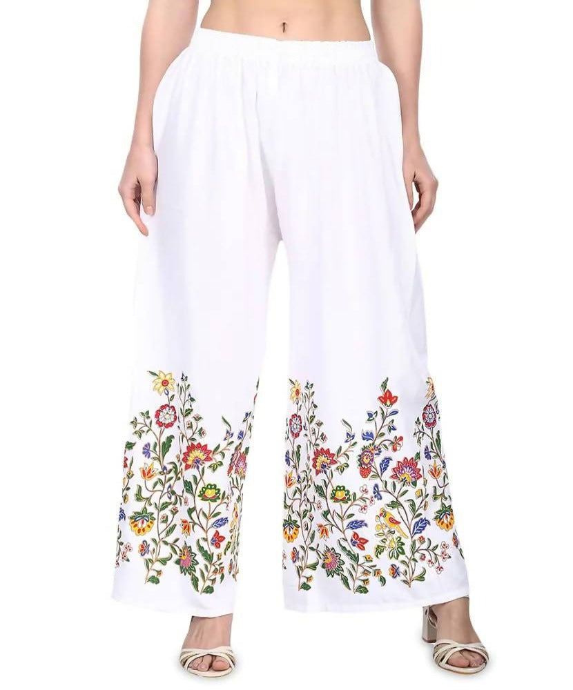 Women's White Floral Palazzo Pants - Lightweight Ethnic Bottoms
