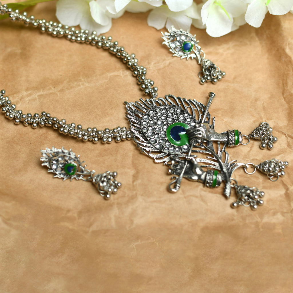 Oxidised Silver-Plated Bansuri Long Necklace for Women