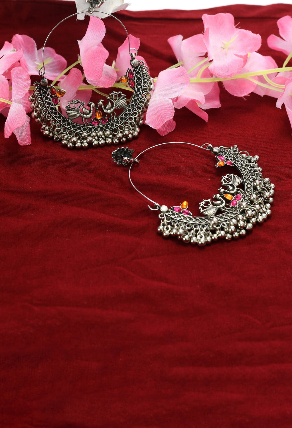 Peacock Design Chandbali Earrings in Silver Pink and Orange