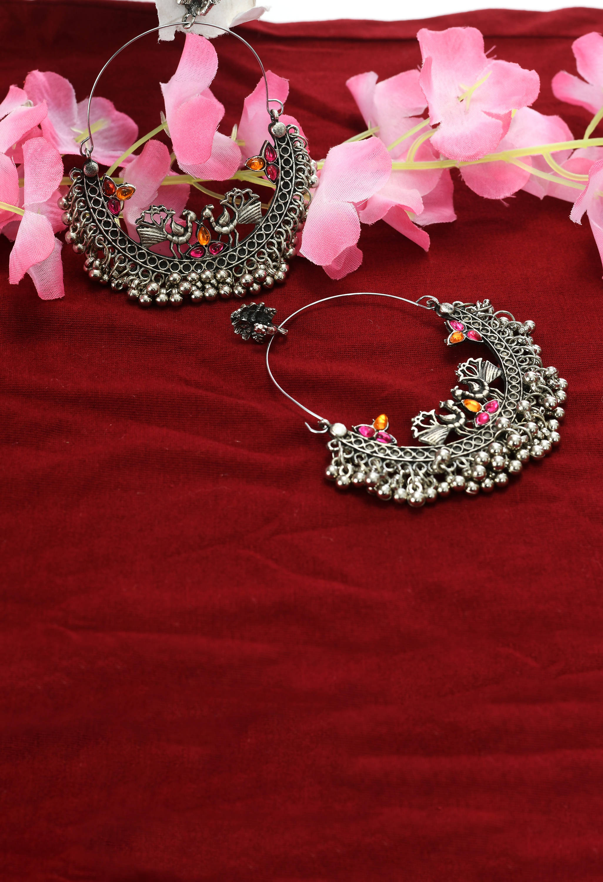 Peacock Design Chandbali Earrings in Silver Pink and Orange