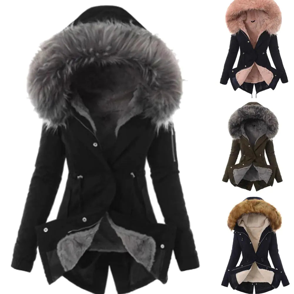 Casual Long Cotton Puffer Coat with Faux Fur Hood