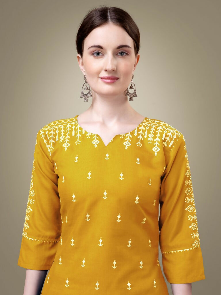 Women's Yellow Cotton Blend Embroidered Straight Kurta Set