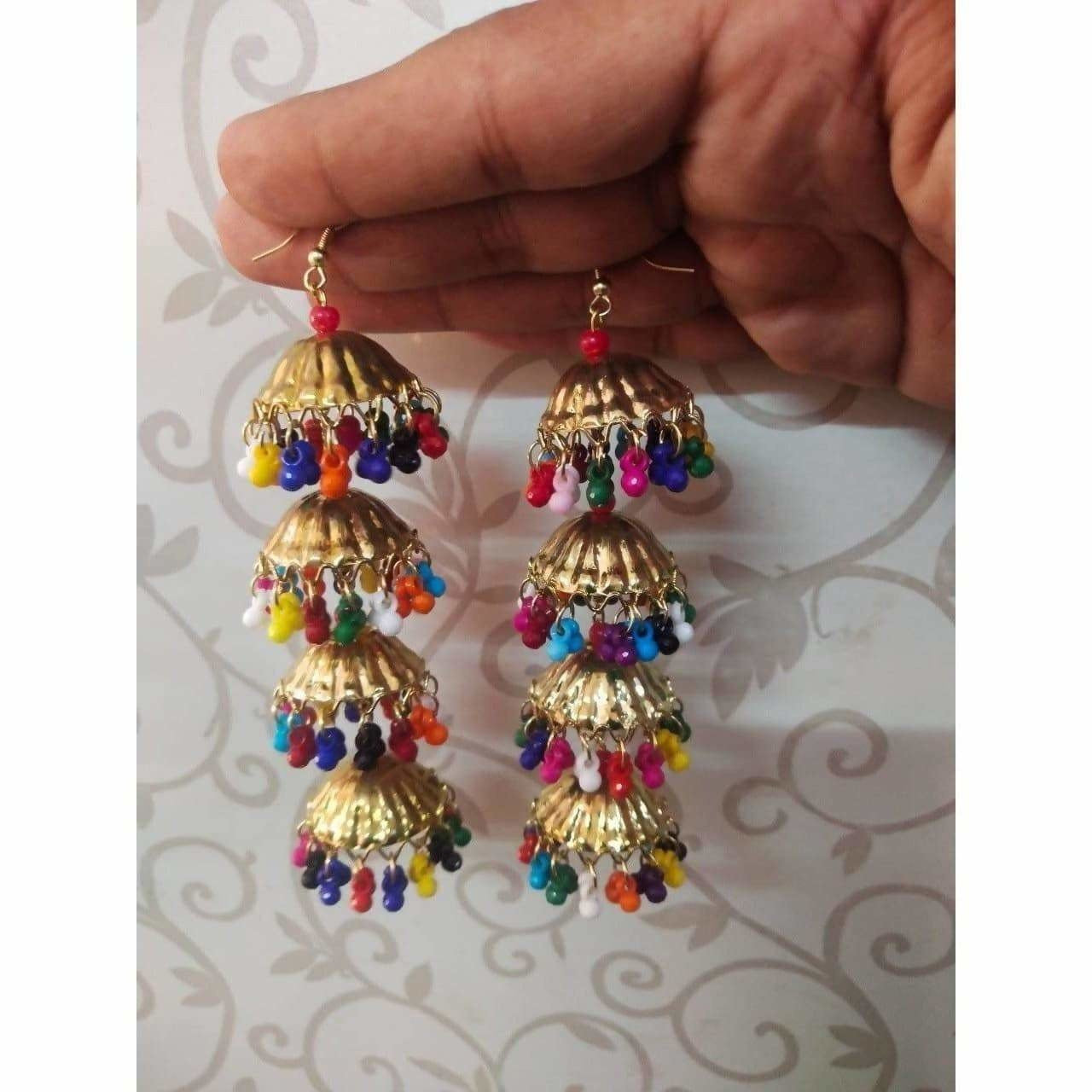 Gold-tone umbrella style jhumka earrings with vibrant multi-color drop beads