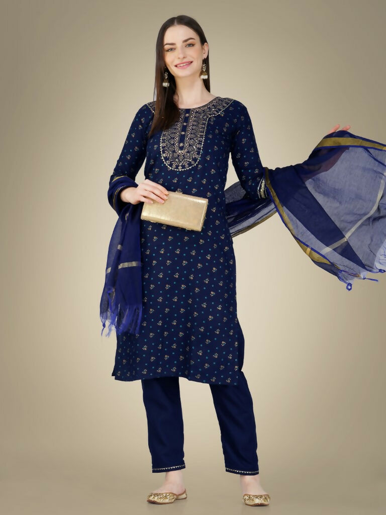 Women's Navy Blue Cotton Magic Slub Kurta Set with Sequence