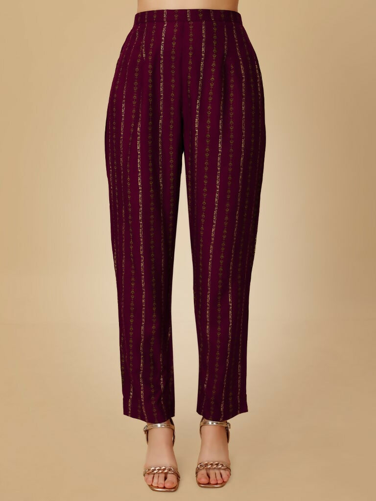 Women's Wine Embroidered Rayon Kurta Pant Set Straight Calf Length