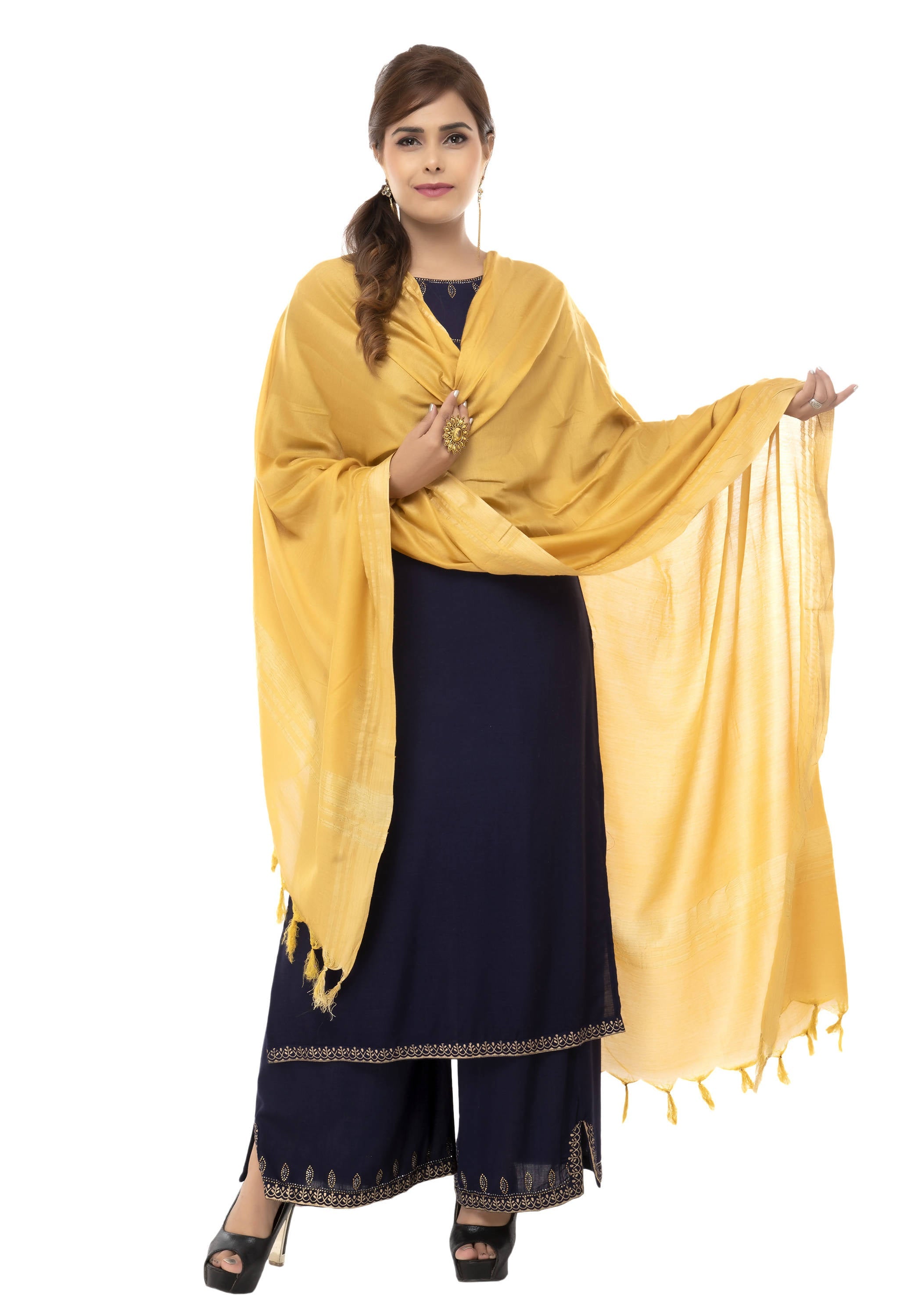Elegant golden slub cotton dupatta in a solid traditional style for women