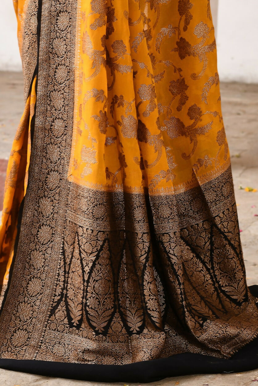 Yellow Crepe Chiffon Pure Handloom Banarasi Silk Saree