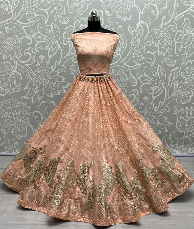 Peach Bridal Net Lehenga Choli with Foil, Sequins and Multi Thread Work
