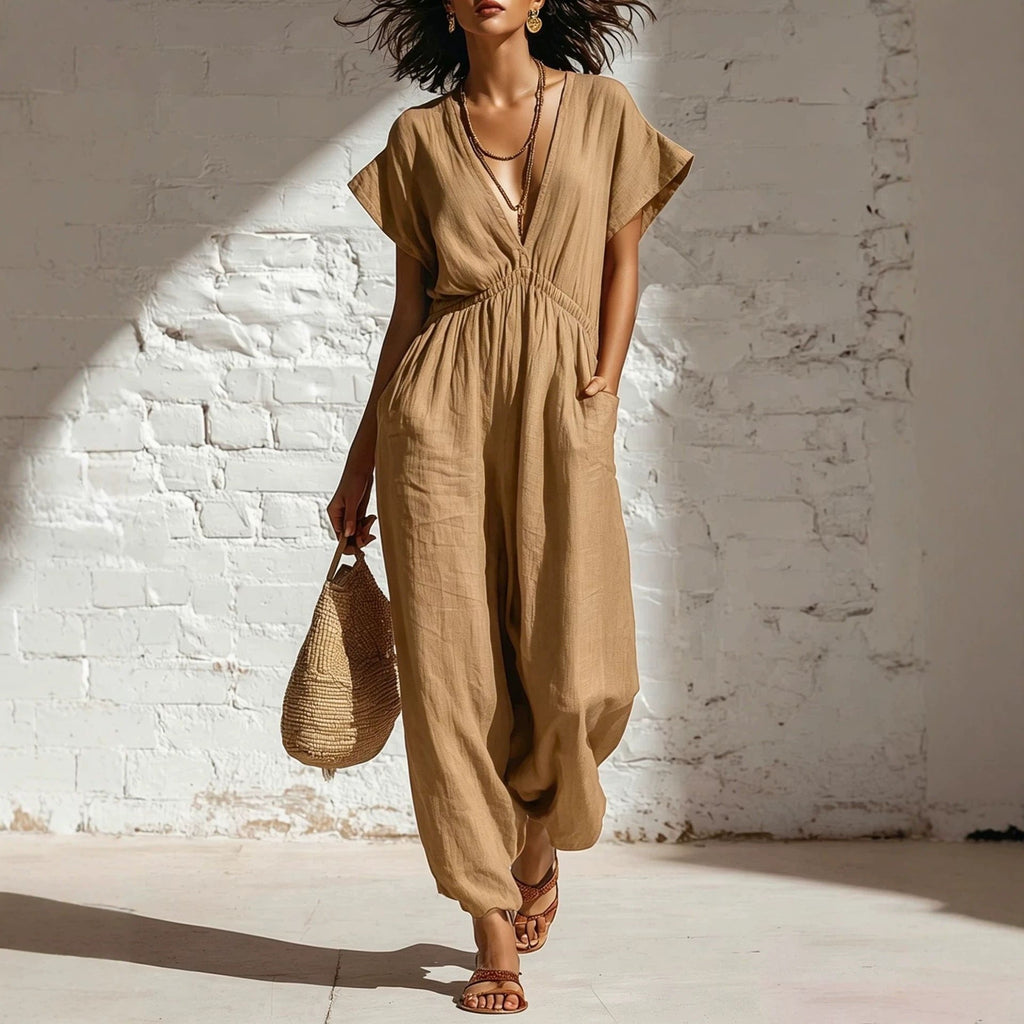 Women's Deep V-Neck Wide Leg Jumpsuit in Cotton, Relaxed Fit