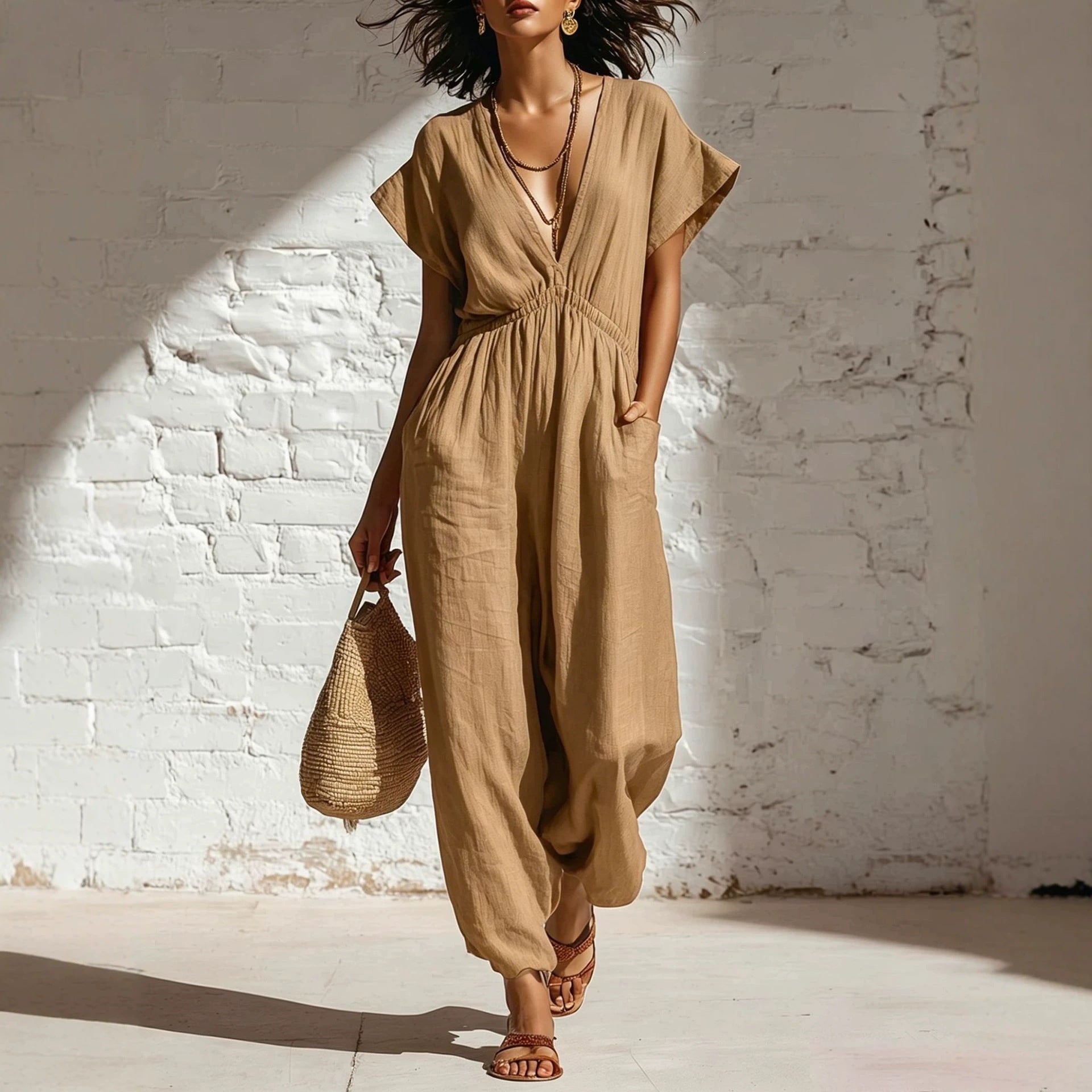 Women's Deep V-Neck Wide Leg Jumpsuit in Cotton, Relaxed Fit