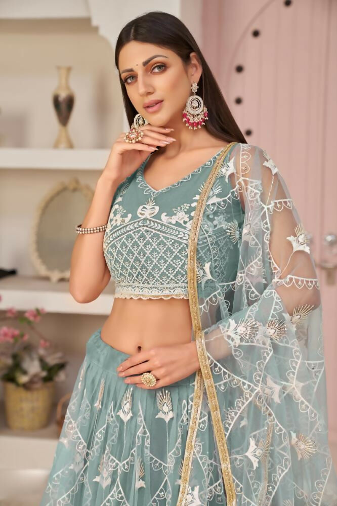 Ocean Blue Butterfly Net Lehenga with Zari and Sequin Embroidery