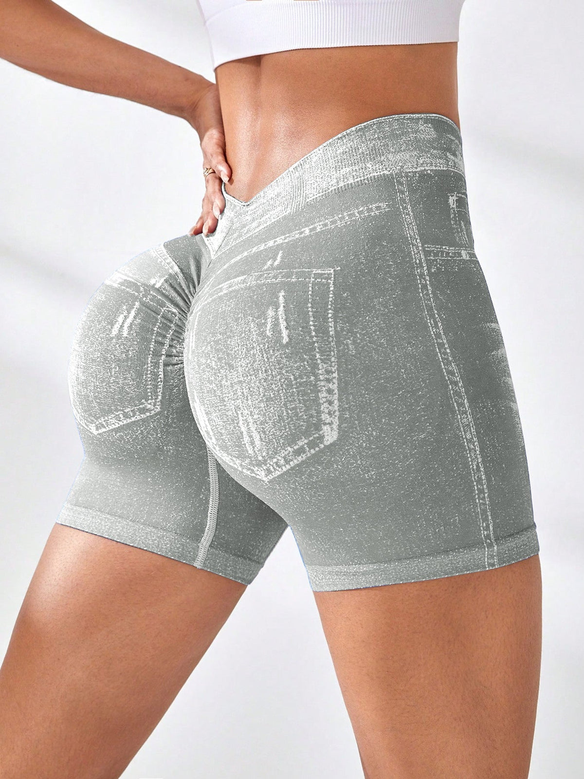 Denim-Effect Seamless Yoga Shorts High-Waisted Fitness Shorts