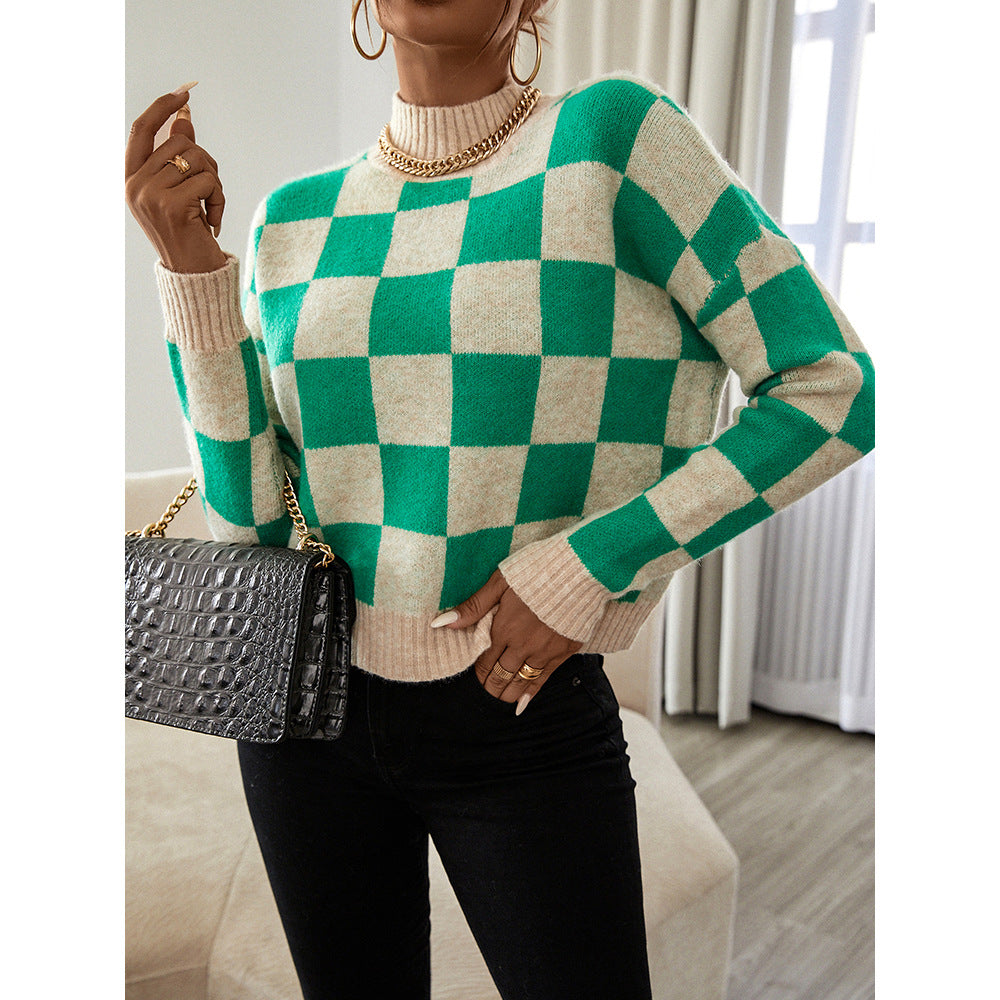 Women's Green Beige Checkerboard Knitted Mock Neck Pullover Sweater - Image 4