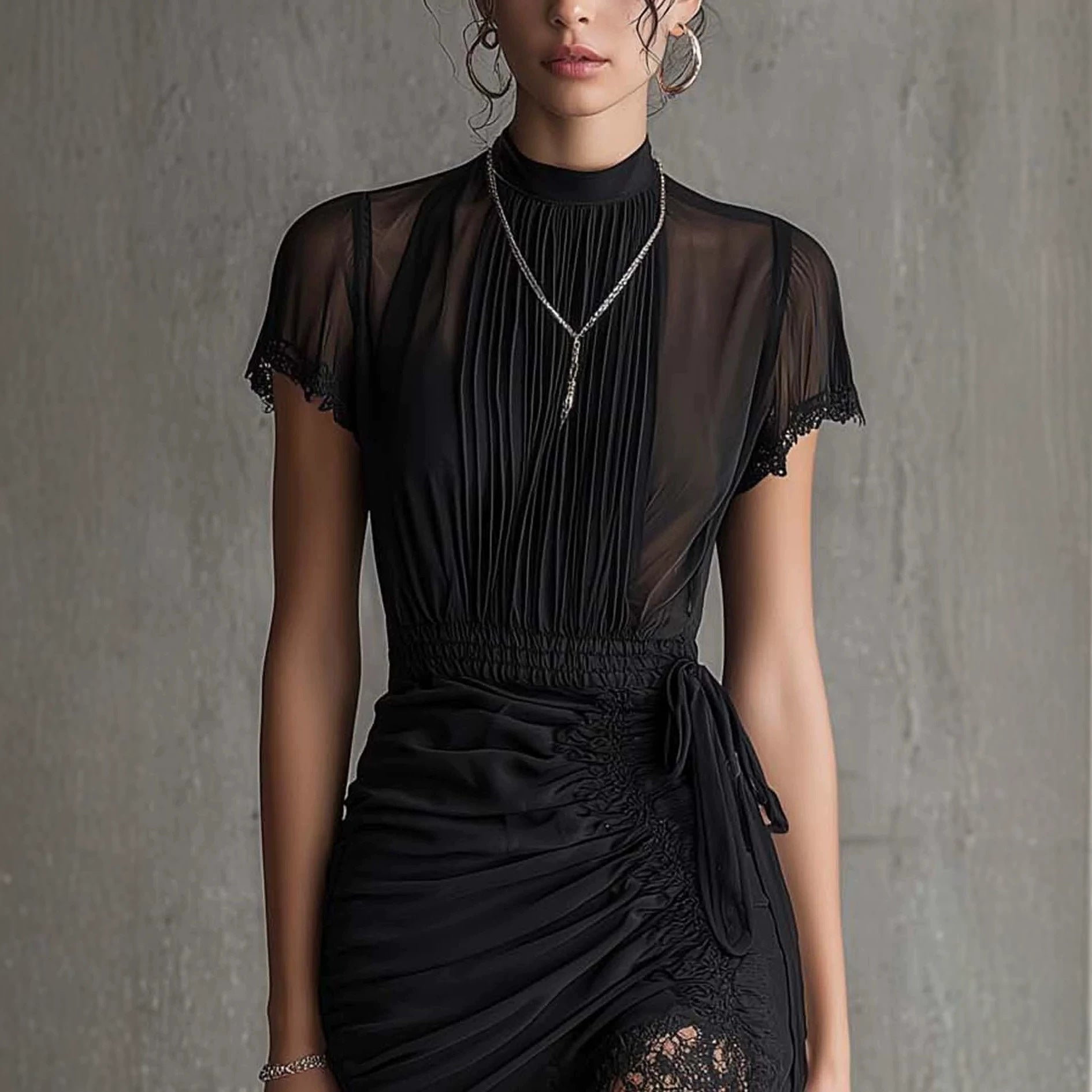Black Lace Patchwork Slit Midi Dress Slim-Fit High-Waist