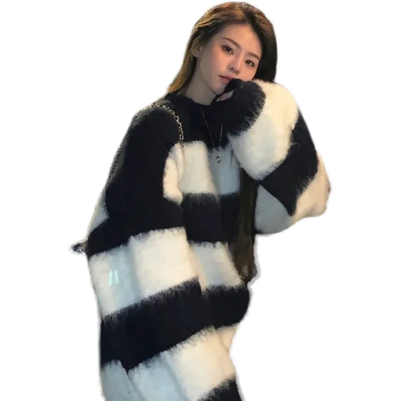 Women's oversized black and white striped mohair knit pullover sweater