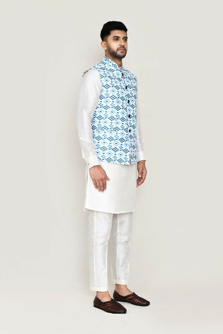 White Art Silk Kurta Set with Jacket and Straight Fit Pants