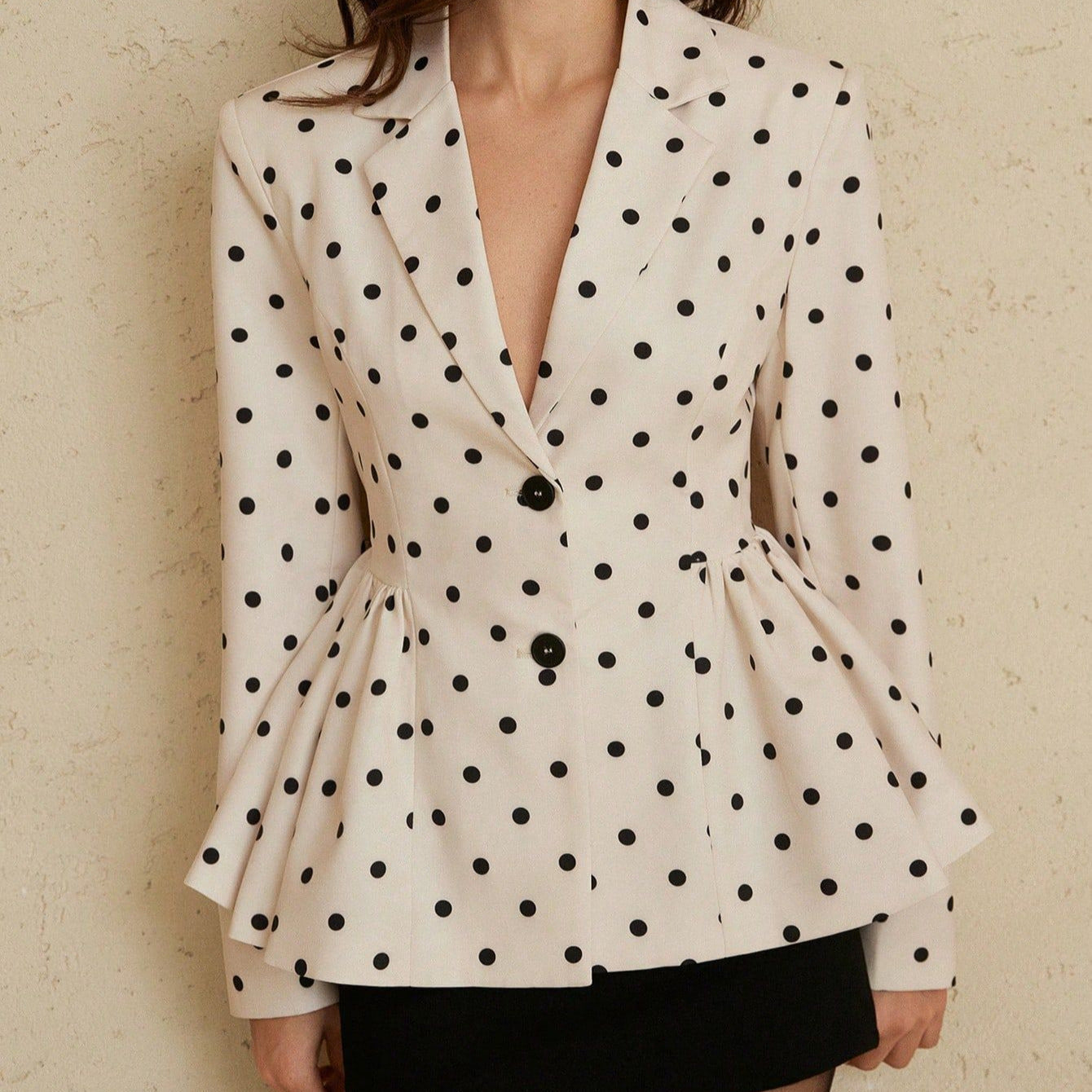 Polka Dot Peplum Blazer | Fitted Waist Deep V Notch Lapel | Ivory White