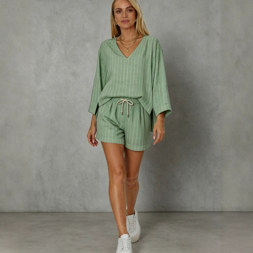 Women's Loose V-Neck Long Sleeve Striped Shorts Set Casual Lounge