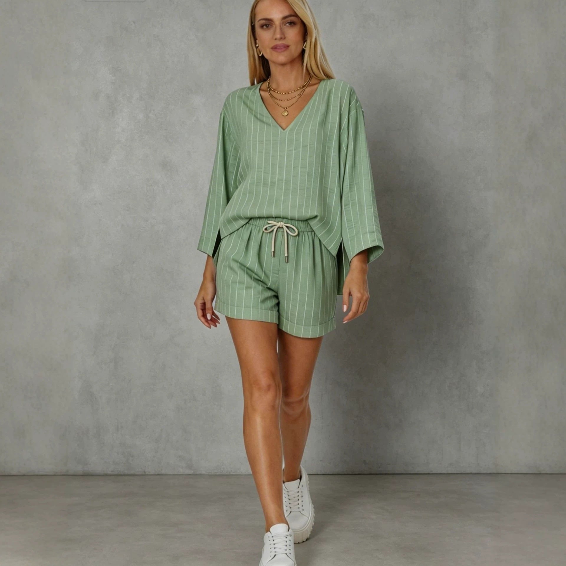 Women's Loose V-Neck Long Sleeve Striped Shorts Set Casual Lounge