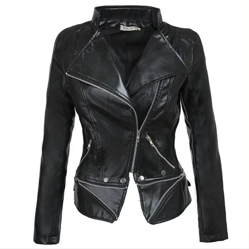 Front view of a Women's Gothic Black Faux Leather Biker Jacket with asymmetrical zipper and multiple functional pockets.
