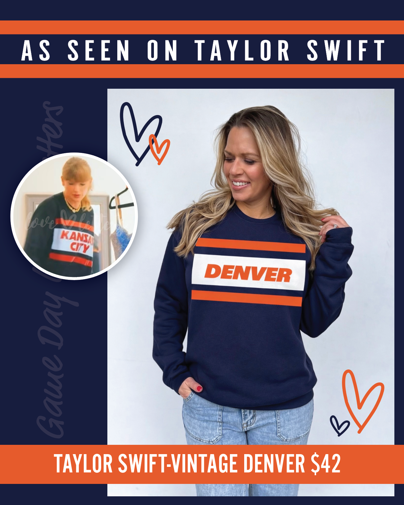 Vintage style Denver crewneck sweatshirt in navy blue, white, and orange.