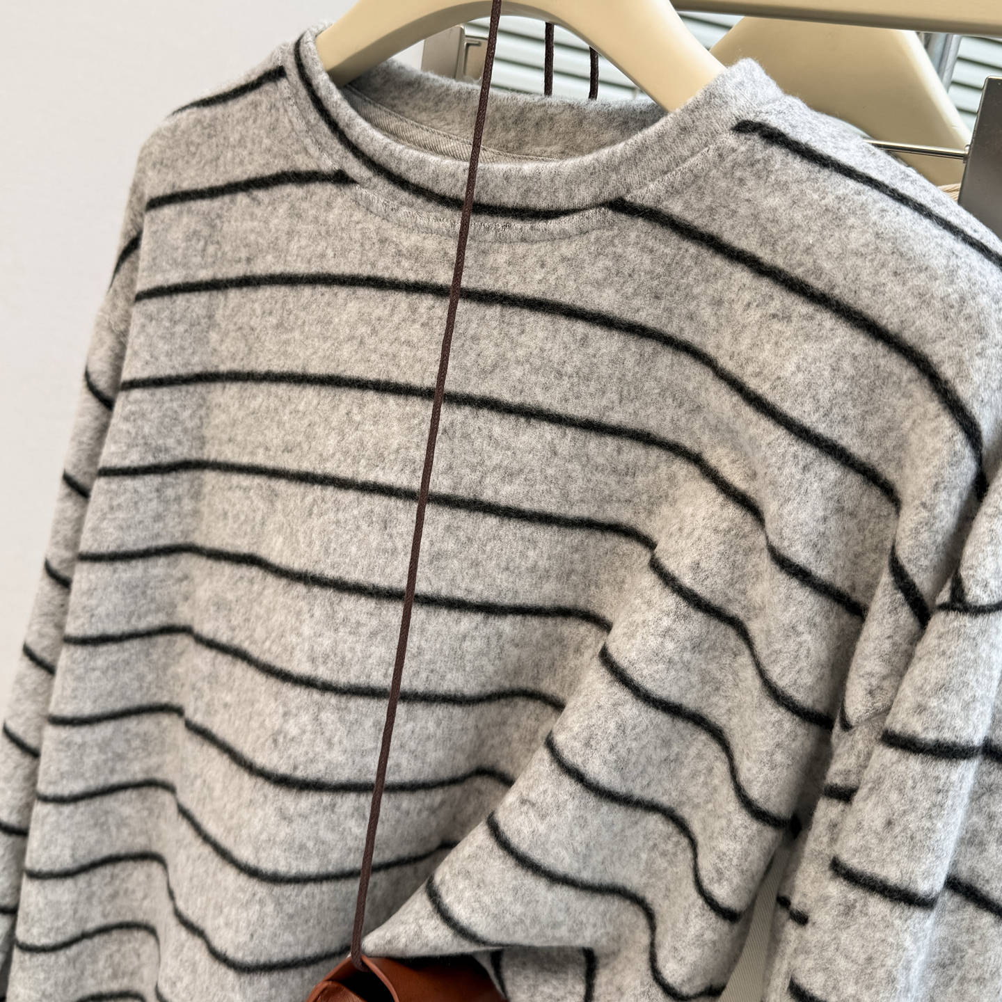 Women's Grey Striped Fleece-Lined Crew Neck Long Sleeve Sweater - Image 3