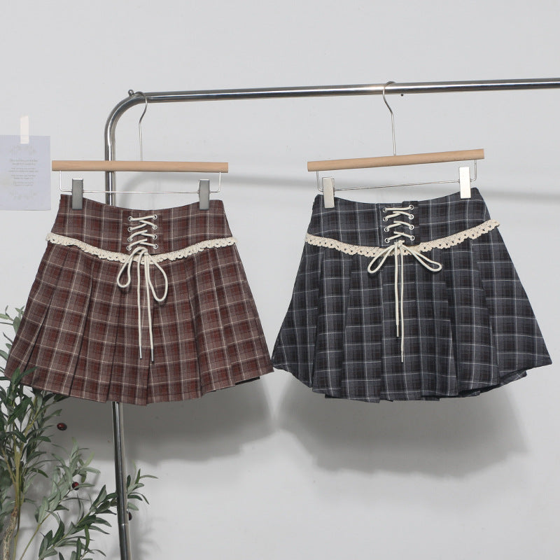 Checkered Pleated Mini Skirt with Decorative Lace-Up Detail - Image 2