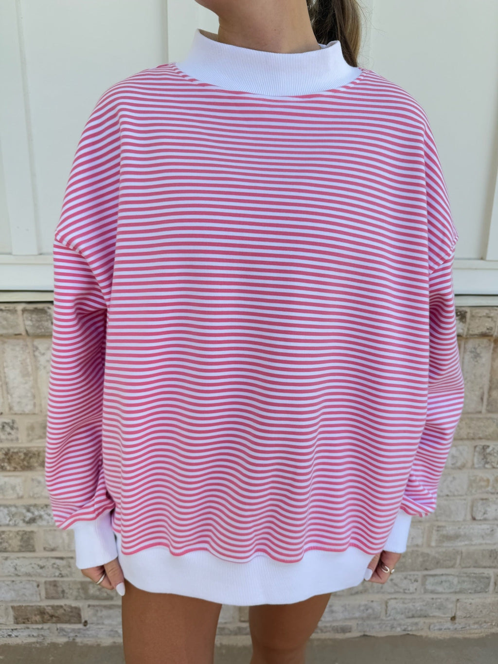 Dark Pink and White Big Striped Mockneck Sweatshirt featuring a cozy collar and oversized unisex fit.
