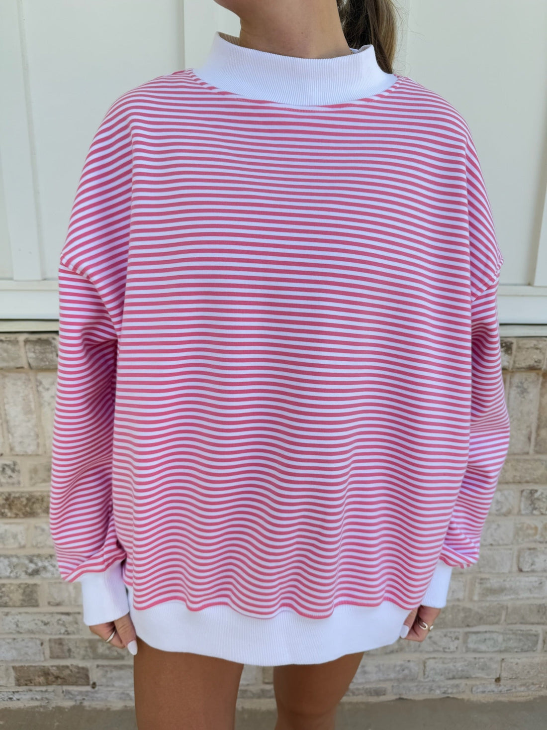 Dark Pink and White Big Striped Mockneck Sweatshirt featuring a cozy collar and oversized unisex fit.